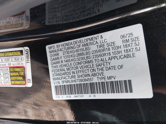Honda Odyssey Ex-l 2025 5FNRL6H67SB084557 Image 9