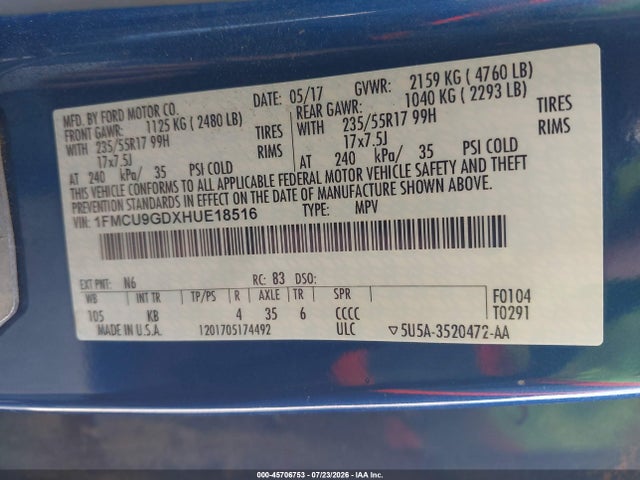 Продаж на аукціоні авто 2017 Ford Escape Se, vin: 1FMCU9GDXHUE18516, номер лоту: 45706753