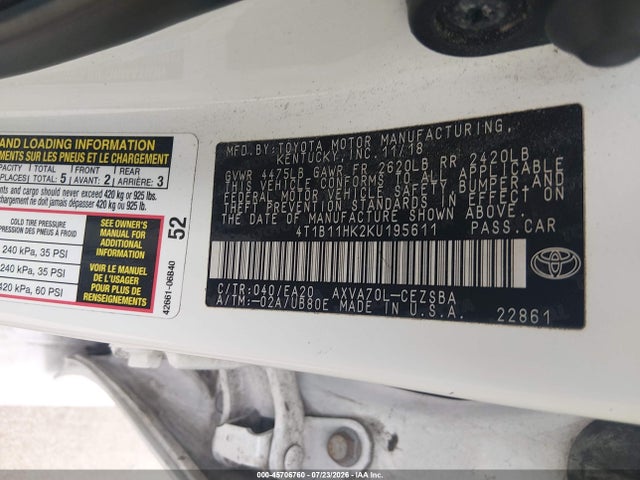 4T1B11HK2KU195611 Toyota CAMRY SE