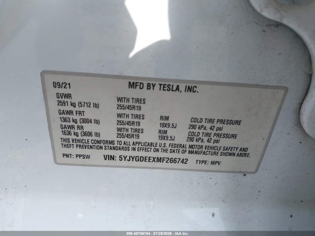 45706764 :رقم المزاد ، 5YJYGDEEXMF266742 vin ، 2021 Tesla Model Y Long Range Dual Motor All-wheel Drive مزاد بيع