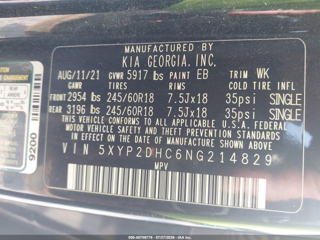 2022 Kia Telluride Lx მანქანა იყიდება აუქციონზე, vin: 5XYP2DHC6NG214829, აუქციონის ნომერი: 45706776