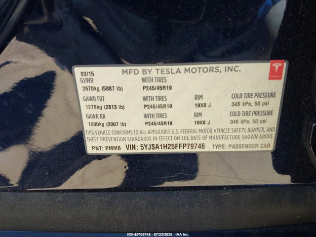 45706786 :رقم المزاد ، 5YJSA1H25FFP79746 vin ، 2015 Tesla Model S 70d/85d/p85d مزاد بيع