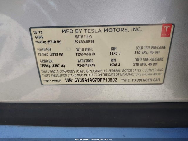 Aukcja sprzedaży 2013 Tesla Model S, vin: 5YJSA1AC7DFP10802, numer aukcji: 45706801