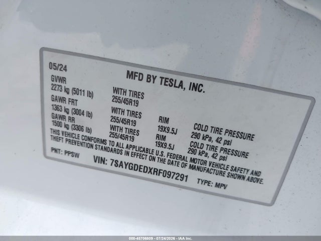 7SAYGDEDXRF097291 Tesla Model Y Long Range Single Motor Rear-wheel Drive/rwd