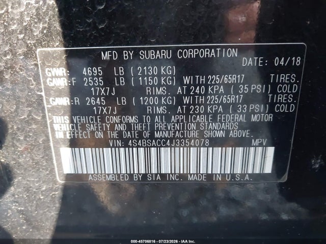 Продаж на аукціоні авто 2018 Subaru Outback 2.5i Premium, vin: 4S4BSACC4J3354078, номер лоту: 45706816