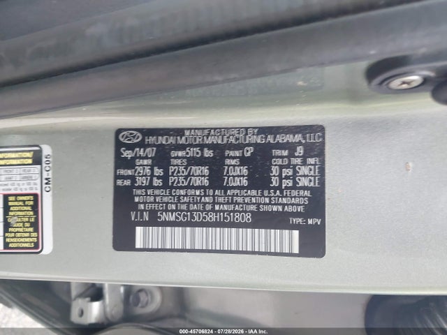 45706824 :رقم المزاد ، 5NMSG13D58H151808 vin ، 2008 Hyundai Santa Fe Gls مزاد بيع