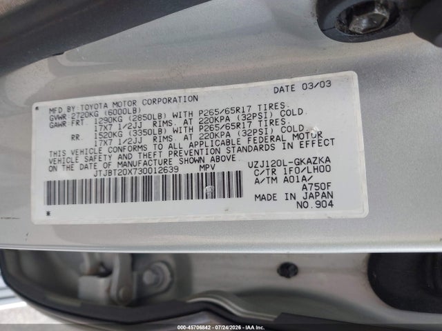 45706842 :رقم المزاد ، JTJBT20X730012639 vin ، 2003 Lexus Gx 470 مزاد بيع
