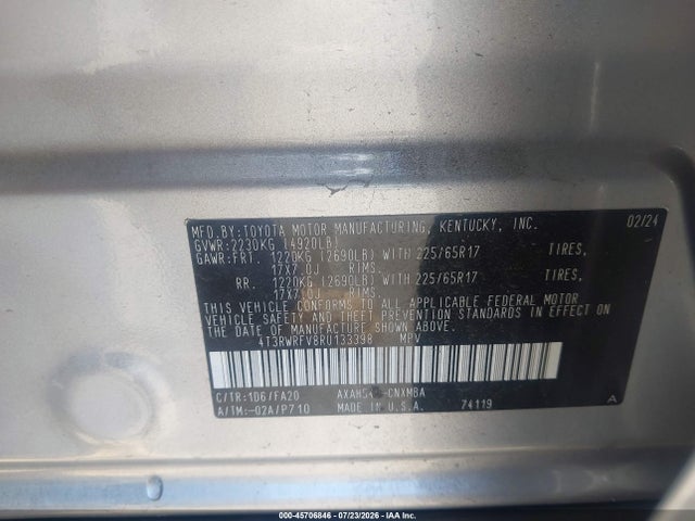 4T3RWRFV8RU133398 Toyota Rav4 Hybrid Xle