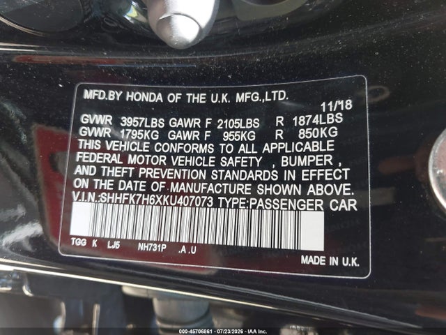 45706861 :رقم المزاد ، SHHFK7H6XKU407073 vin ، 2019 Honda Civic Ex مزاد بيع