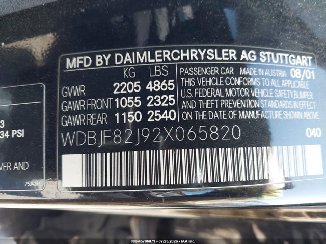 45706871 :رقم المزاد ، WDBJF82J92X065820 vin ، 2002 Mercedes-benz E 320 4m/4m Special Edition مزاد بيع