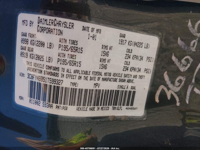 45706891 :رقم المزاد ، 3C8FY4BB51T599327 vin ، 2001 Chrysler Pt Cruiser مزاد بيع