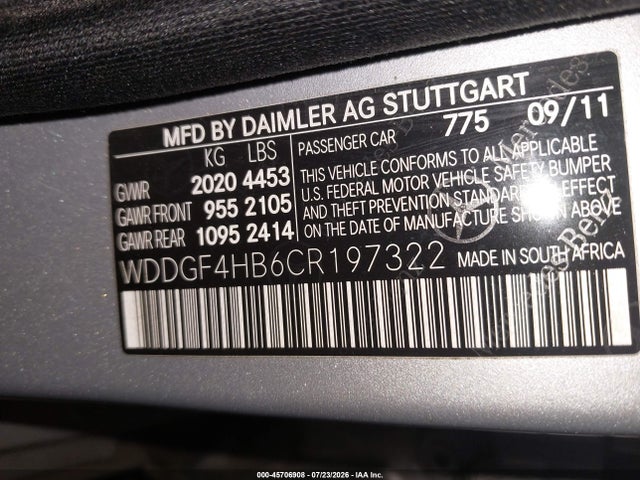 2012 Mercedes-benz C 250 Sport მანქანა იყიდება აუქციონზე, vin: WDDGF4HB6CR197322, აუქციონის ნომერი: 45706908