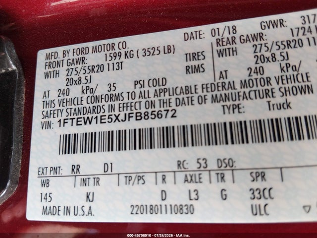 1FTEW1E5XJFB85672 Ford F-150 King Ranch/lariat/platinum/xl/xlt