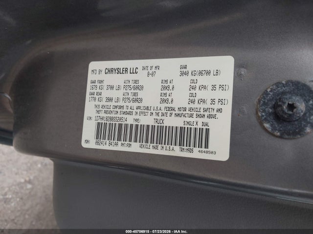45706915 :رقم المزاد ، 1D7HA18288S520514 vin ، 2008 Dodge Ram 1500 Slt مزاد بيع