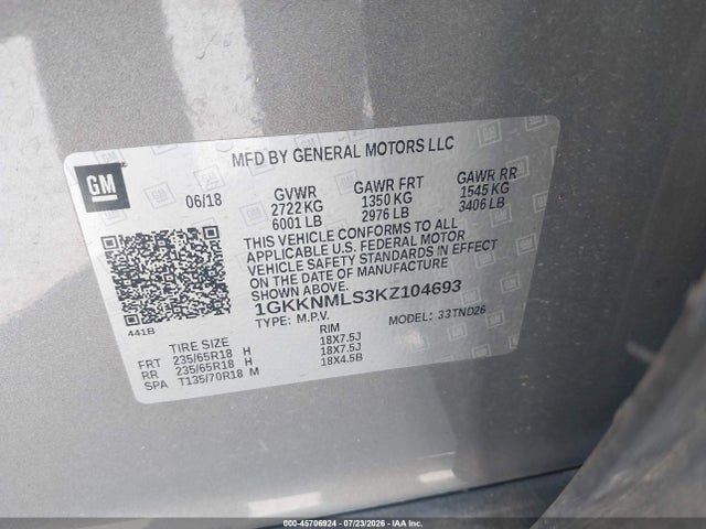 Продаж на аукціоні авто 2019 Gmc Acadia Slt-1, vin: 1GKKNMLS3KZ104693, номер лоту: 45706924