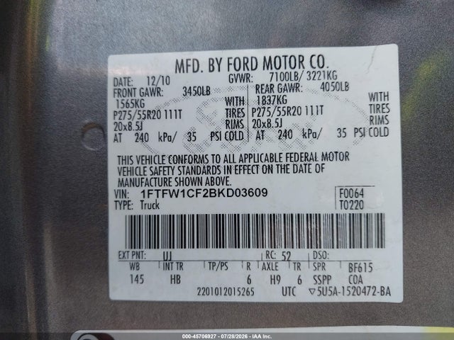 Aukcja sprzedaży 2011 Ford F-150 Lariat, vin: 1FTFW1CF2BKD03609, numer aukcji: 45706927
