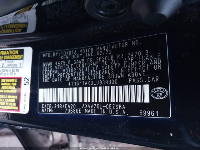 4T1G11AK0LU939000 Toyota CAMRY SE