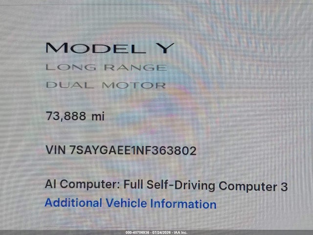 Aukcja sprzedaży 2022 Tesla Model Y Long Range Dual Motor All-wheel Drive, vin: 7SAYGAEE1NF363802, numer aukcji: 45706936
