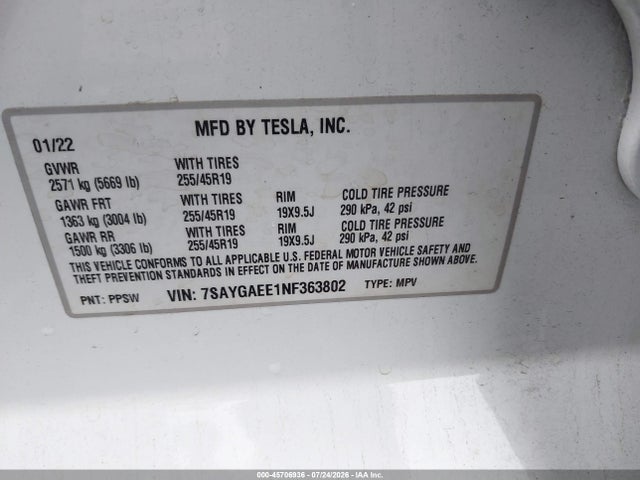 Aukcja sprzedaży 2022 Tesla Model Y Long Range Dual Motor All-wheel Drive, vin: 7SAYGAEE1NF363802, numer aukcji: 45706936