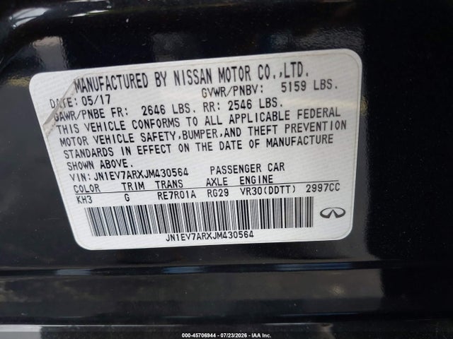 45706944 :رقم المزاد ، JN1EV7ARXJM430564 vin ، 2018 Infiniti Q50 3.0t Luxe مزاد بيع