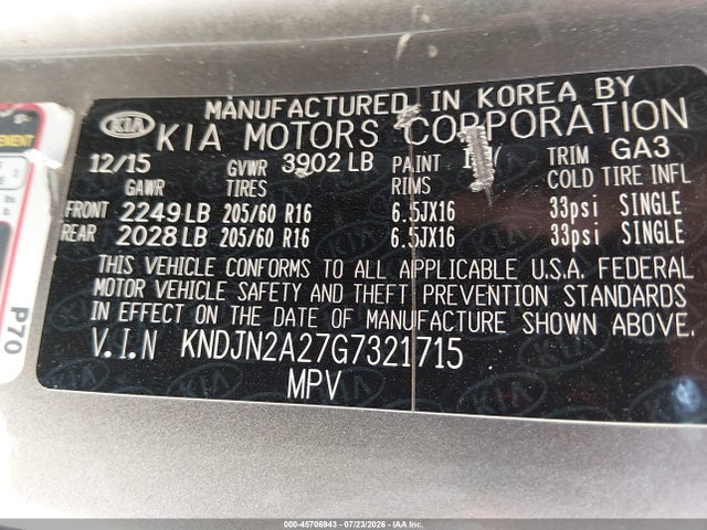 Aukcja sprzedaży 2016 Kia Soul, vin: KNDJN2A27G7321715, numer aukcji: 45706943