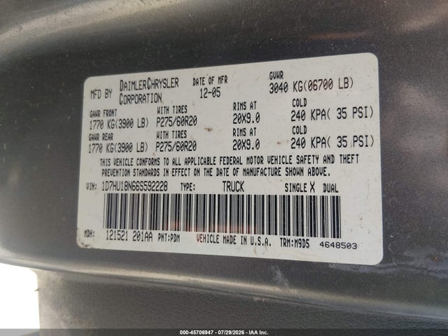Продаж на аукціоні авто 2006 Dodge Ram 1500 Slt/trx4 Off Road/sport, vin: 1D7HU18N66S592228, номер лоту: 45706947