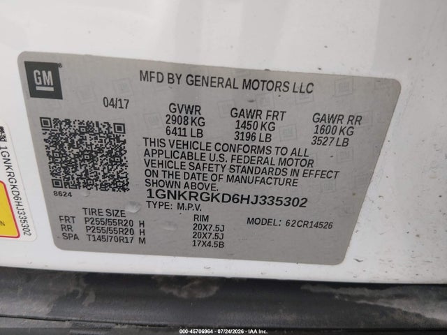 Aukcja sprzedaży 2017 Chevrolet Traverse 1lt, vin: 1GNKRGKD6HJ335302, numer aukcji: 45706964