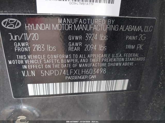 Aukcja sprzedaży 2020 Hyundai Elantra Se, vin: 5NPD74LFXLH603498, numer aukcji: 45706967