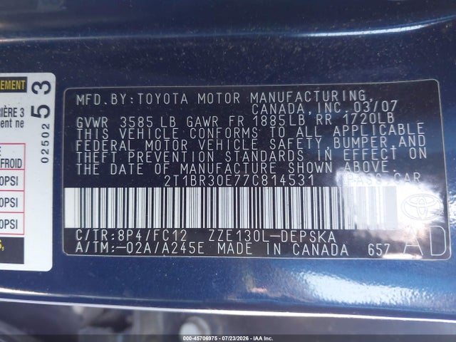 Продажа на аукционе авто 2007 Toyota Corolla S, vin: 2T1BR30E77C814531, номер лота: 45706975