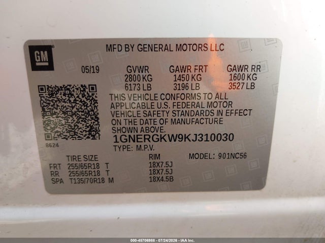 Aukcja sprzedaży 2019 Chevrolet Traverse 1lt, vin: 1GNERGKW9KJ310030, numer aukcji: 45706988