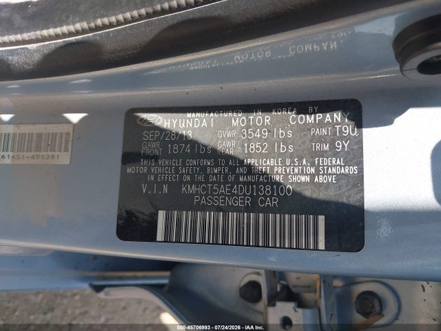 45706993 :رقم المزاد ، KMHCT5AE4DU138100 vin ، 2013 Hyundai Accent Gs مزاد بيع