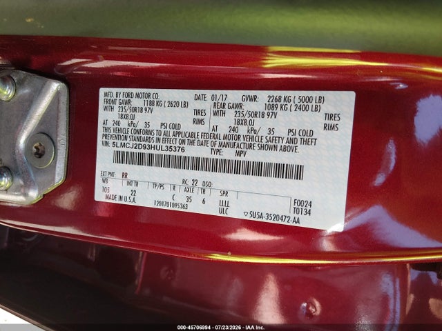 45706994 :رقم المزاد ، 5LMCJ2D93HUL35376 vin ، 2017 Lincoln Mkc Select مزاد بيع