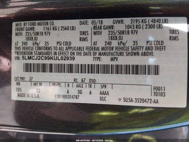 Продажа на аукционе авто 2019 Lincoln Mkc Select, vin: 5LMCJ2C99KUL02939, номер лота: 45707002