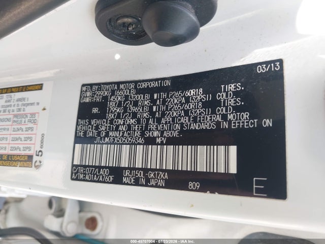 Aukcja sprzedaży 2013 Lexus Gx 460 Premium, vin: JTJJM7FX5D5059346, numer aukcji: 45707004