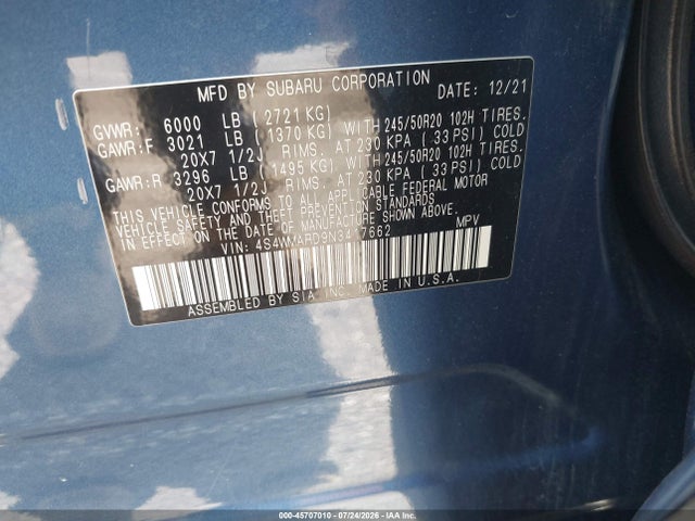 Aukcja sprzedaży 2022 Subaru Ascent Touring, vin: 4S4WMARD9N3417662, numer aukcji: 45707010