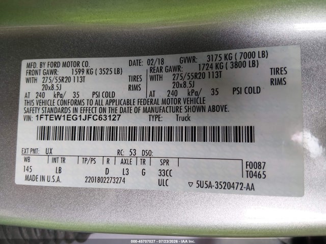 Ford F-150 Lariat 2018 1FTEW1EG1JFC63127 Image 9