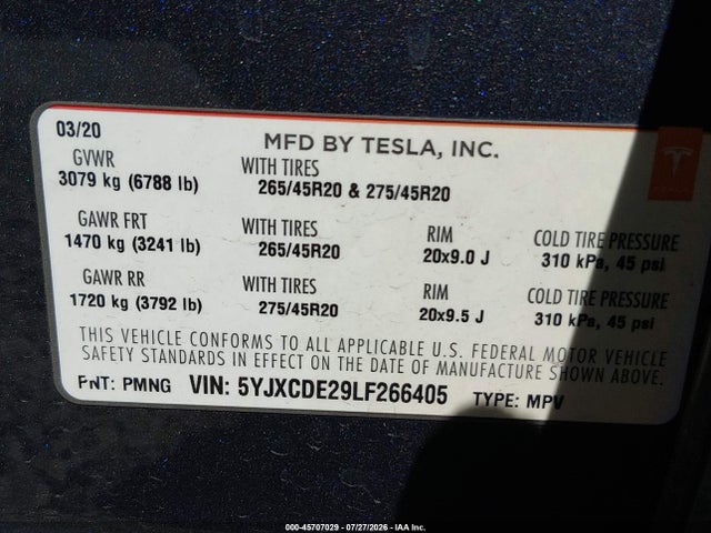5YJXCDE29LF266405 Tesla Model X Long Range Dual Motor All-wheel Drive/long Range Plus Dual Motor All-wheel Drive