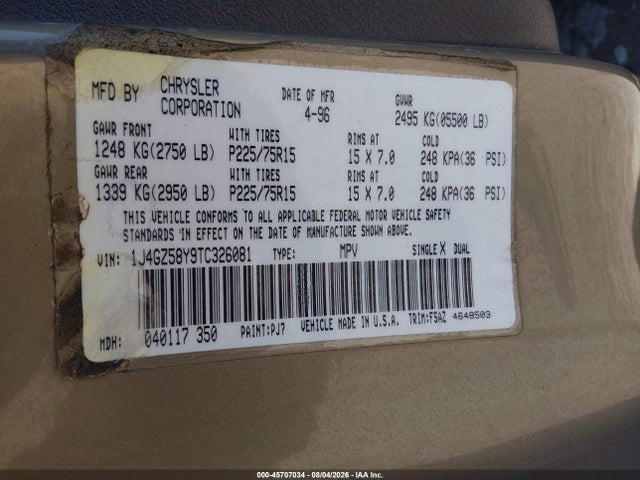 45707034 :رقم المزاد ، 1J4GZ58Y9TC326081 vin ، 1996 Jeep Grand Cherokee Laredo مزاد بيع