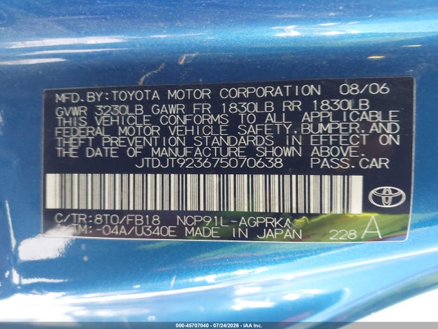 Aukcja sprzedaży 2007 Toyota Yaris, vin: JTDJT923675070638, numer aukcji: 45707040