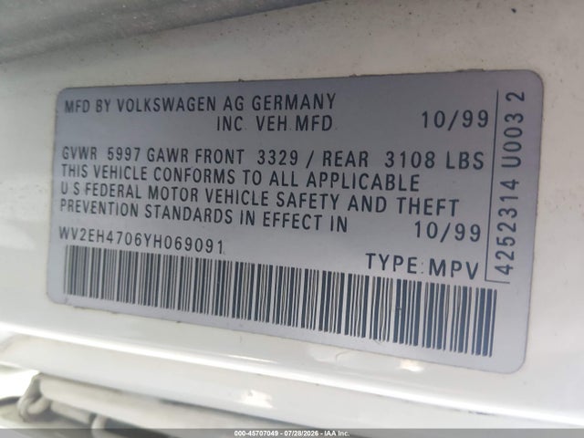 Aukcja sprzedaży 2000 Volkswagen Eurovan Mv, vin: WV2EH4706YH069091, numer aukcji: 45707049
