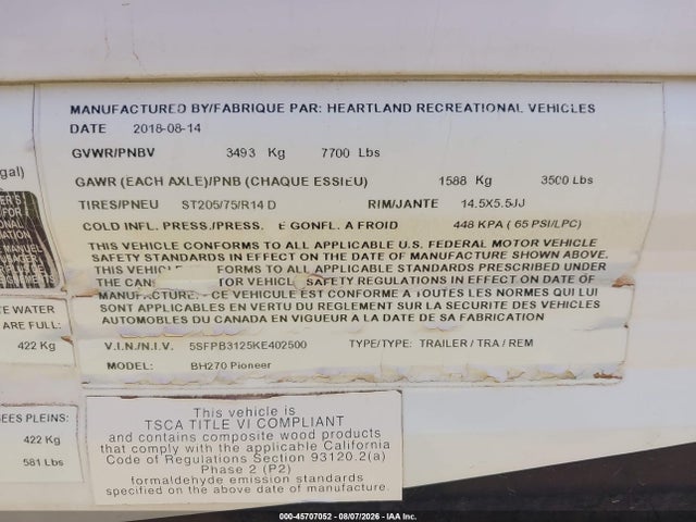 45707052 :رقم المزاد ، 5SFPB3125KE402500 vin ، 2019 Heartland Rv Pioneer مزاد بيع