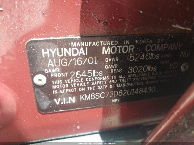 Продажа на аукционе авто 2002 Hyundai Santa Fe Gls/lx, vin: KM8SC73D82U148430, номер лота: 45707062