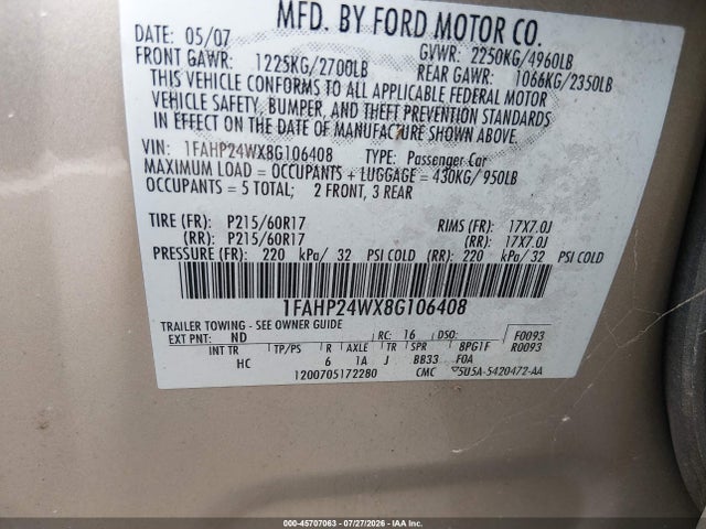 2008 Ford Taurus Sel მანქანა იყიდება აუქციონზე, vin: 1FAHP24WX8G106408, აუქციონის ნომერი: 45707063