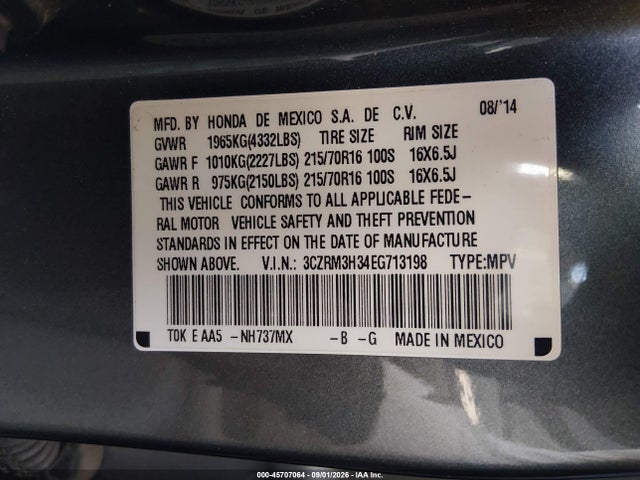 45707064 :رقم المزاد ، 3CZRM3H34EG713198 vin ، 2014 Honda Cr-v Lx مزاد بيع