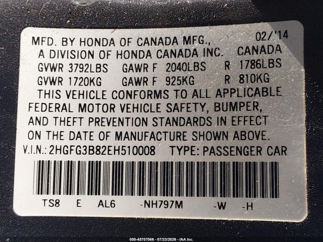 Honda CIVIC EX 2014 2HGFG3B82EH510008 Image 9