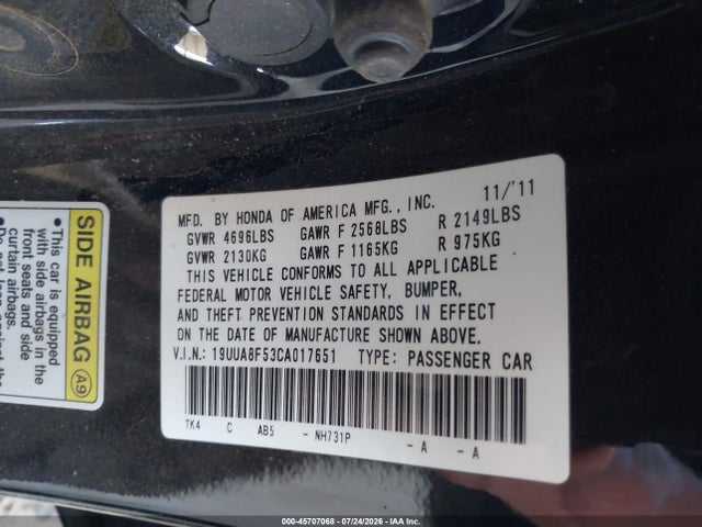 Aukcja sprzedaży 2012 Acura Tl 3.5, vin: 19UUA8F53CA017651, numer aukcji: 45707068