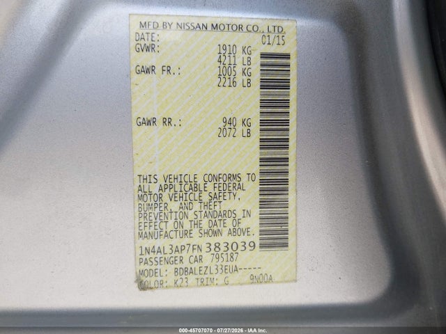 45707070 :رقم المزاد ، 1N4AL3AP7FN383039 vin ، 2015 Nissan Altima 2.5/2.5 S/2.5 Sl/2.5 Sv مزاد بيع