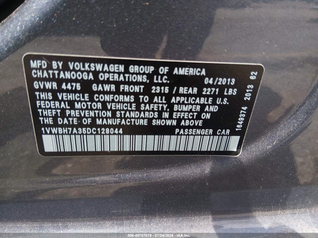 2013 Volkswagen Passat 2.5l Se მანქანა იყიდება აუქციონზე, vin: 1VWBH7A35DC128044, აუქციონის ნომერი: 45707079