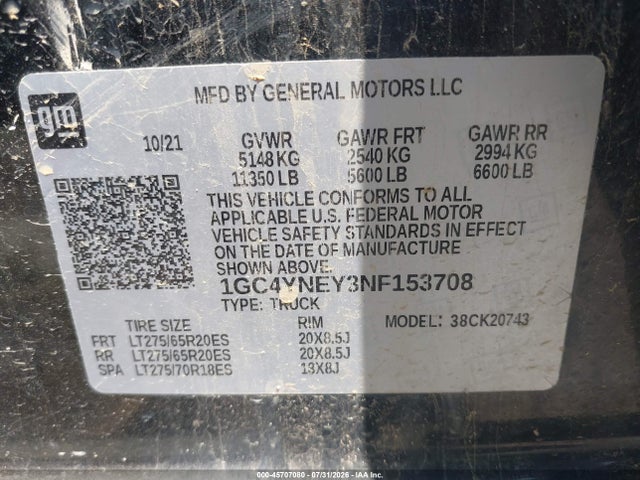 2022 Chevrolet Silverado 2500hd 4wd  Standard Bed Lt მანქანა იყიდება აუქციონზე, vin: 1GC4YNEY3NF153708, აუქციონის ნომერი: 45707080