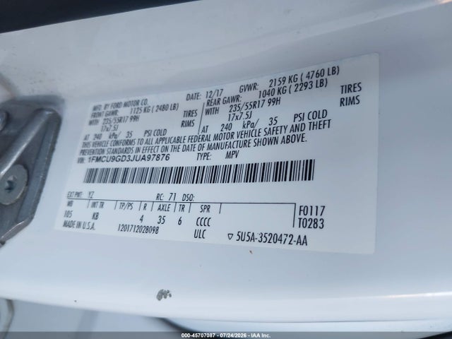 1FMCU9GD3JUA97876 Ford ESCAPE SE